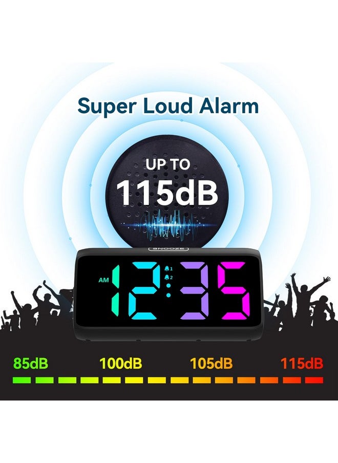 Loud Alarm Clock For Heavy Sleepers, Rgb Alarm Clocks For Bedrooms Seniors Kids, Plug In Digital Clock With 5 Dimmers, 2 Alarms, 4 Volumes And Snooze