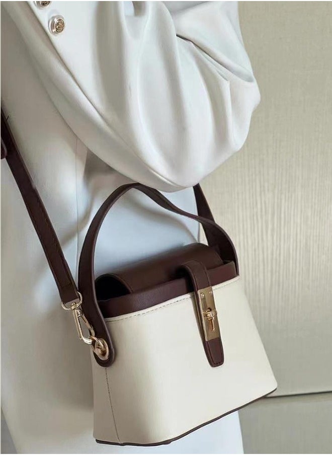 Fashionable Brown Color Contrast Versatile Leather Women Top Handle Satchel Bags Wit Adjustable Strap