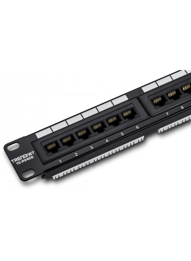 TRENDnet 24-Port Cat6 Unshielded Patch Panel, Wallmount or Rackmount, Compatible with Cat3,4,5,5e,6 Cabling, For Ethernet, Fast Ethernet, Gigabit Applications, Black, TC-P24C6