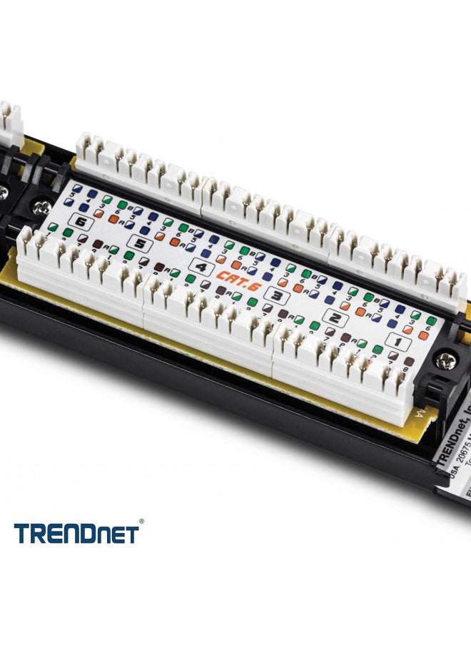 TRENDnet 24-Port Cat6 Unshielded Patch Panel, Wallmount or Rackmount, Compatible with Cat3,4,5,5e,6 Cabling, For Ethernet, Fast Ethernet, Gigabit Applications, Black, TC-P24C6