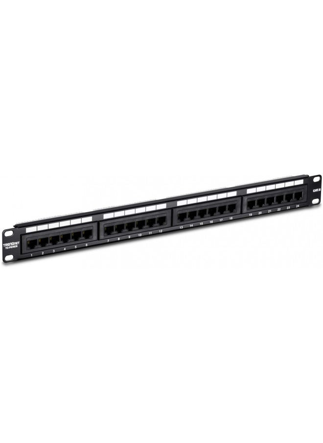 TRENDnet 24-Port Cat6 Unshielded Patch Panel, Wallmount or Rackmount, Compatible with Cat3,4,5,5e,6 Cabling, For Ethernet, Fast Ethernet, Gigabit Applications, Black, TC-P24C6