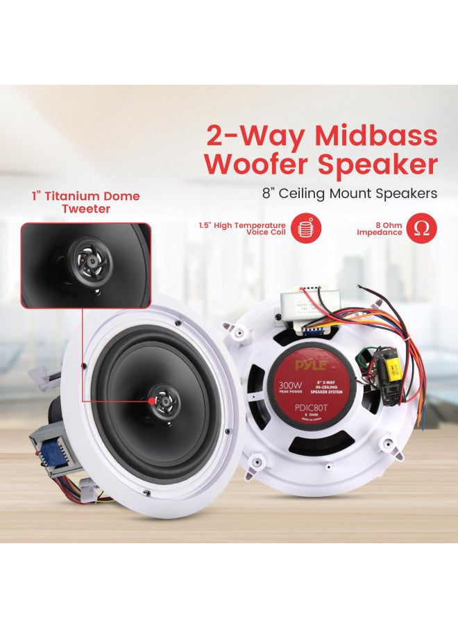 Pyle 8 Ceiling Wall Mount Speakers - Pair of 2-Way Midbass Woofer Speaker 70v Transformer Directable 1 Titanium Dome Tweeter Design w/ 55Hz-22kHz Frequency Response & 300 Watts Peak - Pyle PDIC80T White