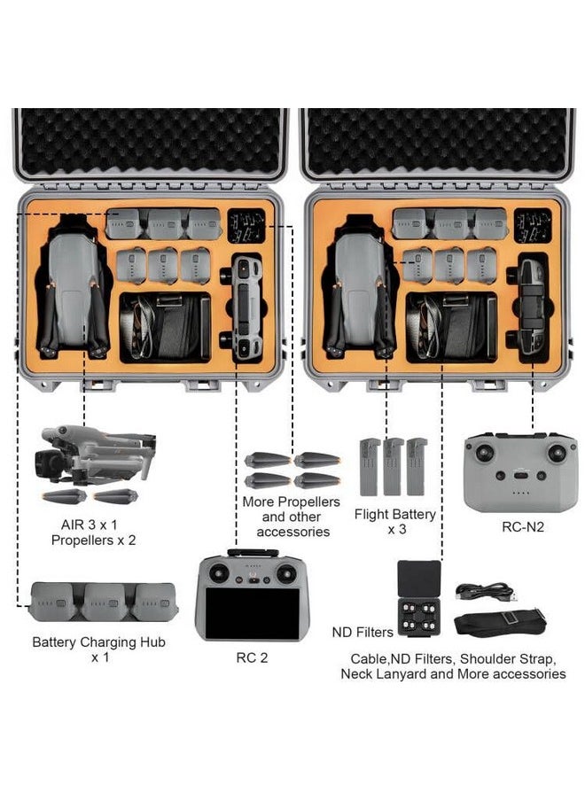 Hard Case For Dji Air 3, Waterproof Pressure Resistant Carrying Case For Dji Air 3 Accessories - Fits Latest Dji Rc 2/Rc-N2 (Grey)