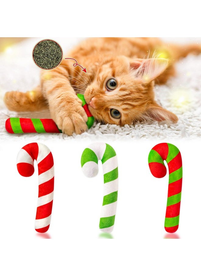3Pcs Christmas Candy Cane Catnip Toys Gift For Cat, Indoor Cat Chew Bite Kick Plush Catmint Pet Toys Supplies For Cat Lover Xmas Gifts, Cute Interactive Cat Toy For Pet Presents (Tricolor)