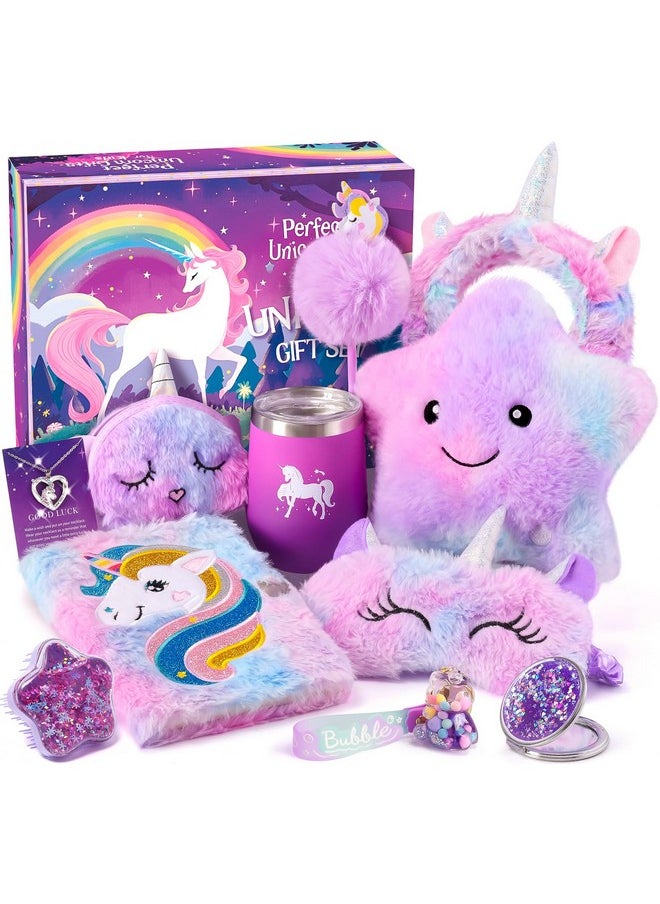 Unicorn Gifts For Girls Toys 6 7 8 9 10 Years, 11Pcs With Light Up Star Pillow Plush Diary Tumbler Headband Mirror Comb, Birthday Christmas Teen Kid Girl Gift Unicorn Toys Aged 6+