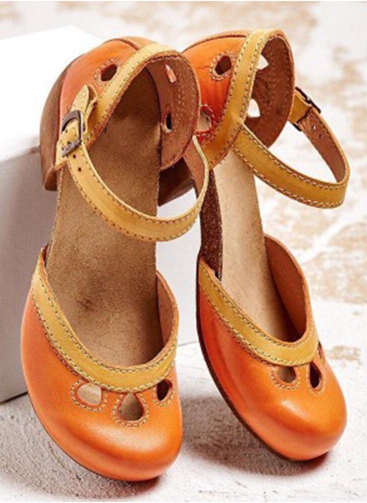 Women's Closed Round Toe Chunky Heel Sandals Shoes With Adjustable Buckle Orange