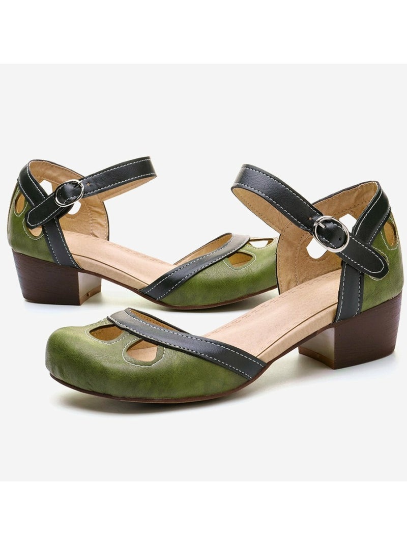 Women's Closed Round Toe Chunky Heel Sandals Shoes With Adjustable Buckle Green