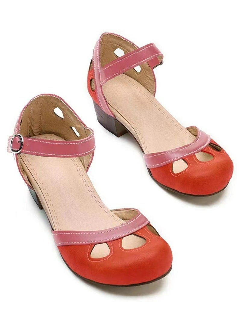 Women's Closed Round Toe Chunky Heel Sandals Shoes With Adjustable Buckle Red