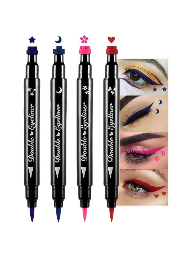 evpct Colored Winged Eyeliners Stamp 4in1 Stars Flowers Hearts Moon Colorful Face Stamps Makeup Eyeliner Eye Stamp Liners Tool Set Kit for Women Purple Blue Red Pink Eyeliner Stamp Wingliner Shapes 02