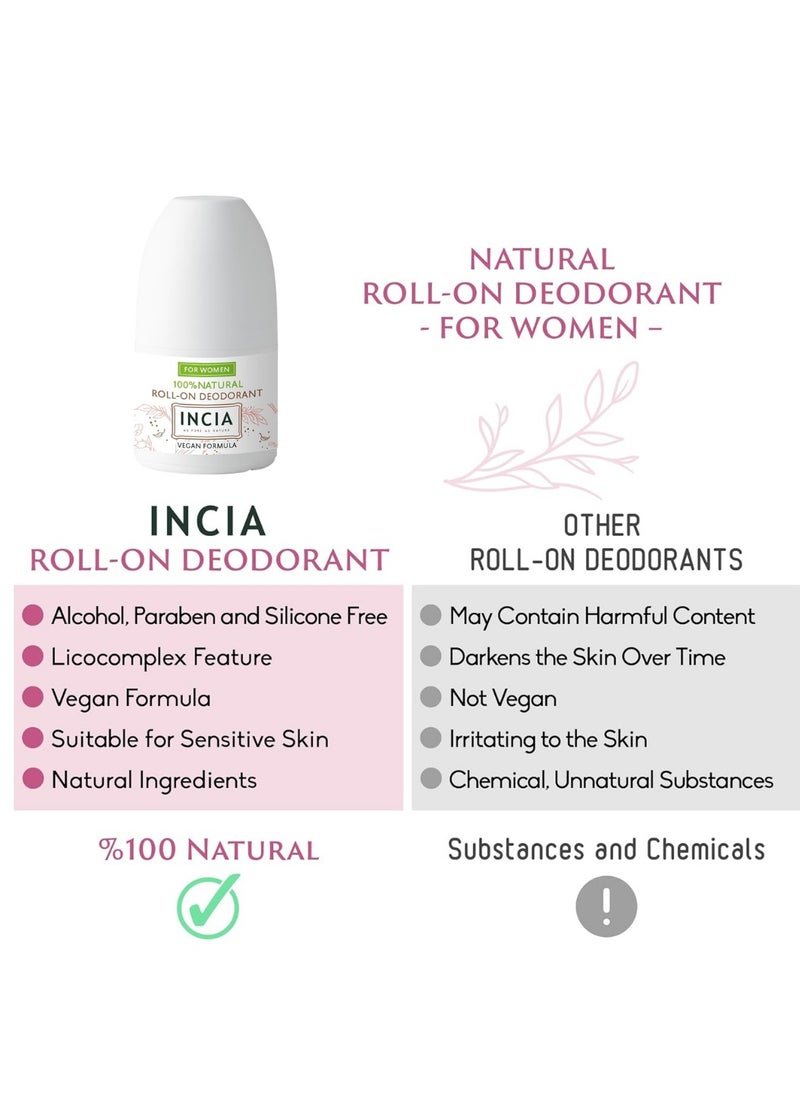 Natural Women's Roll-On Deodorant, 100% Natural - 50 ml