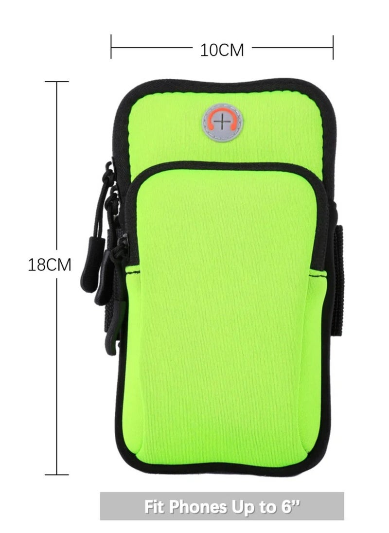 Waterproof Running Phone Holder, Arm Pack for Outdoor Sports Cycling Swimming Compatible with 6 Inch Phones Dual Pocket Design with Headphone Hole (Green)