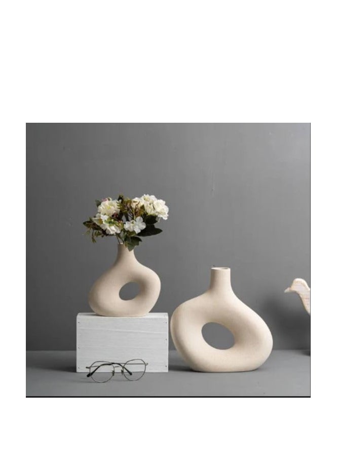 White Ceramic Vase Set of 2 for Modern Minimalist Bohemian Decor, Round Matte Vases for Pampas Grass—Perfect for Living Room, Dining Table, Office Bedroom Shelf Decor Entryway