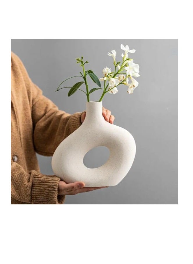 White Ceramic Vase Set of 2 for Modern Minimalist Bohemian Decor, Round Matte Vases for Pampas Grass—Perfect for Living Room, Dining Table, Office Bedroom Shelf Decor Entryway