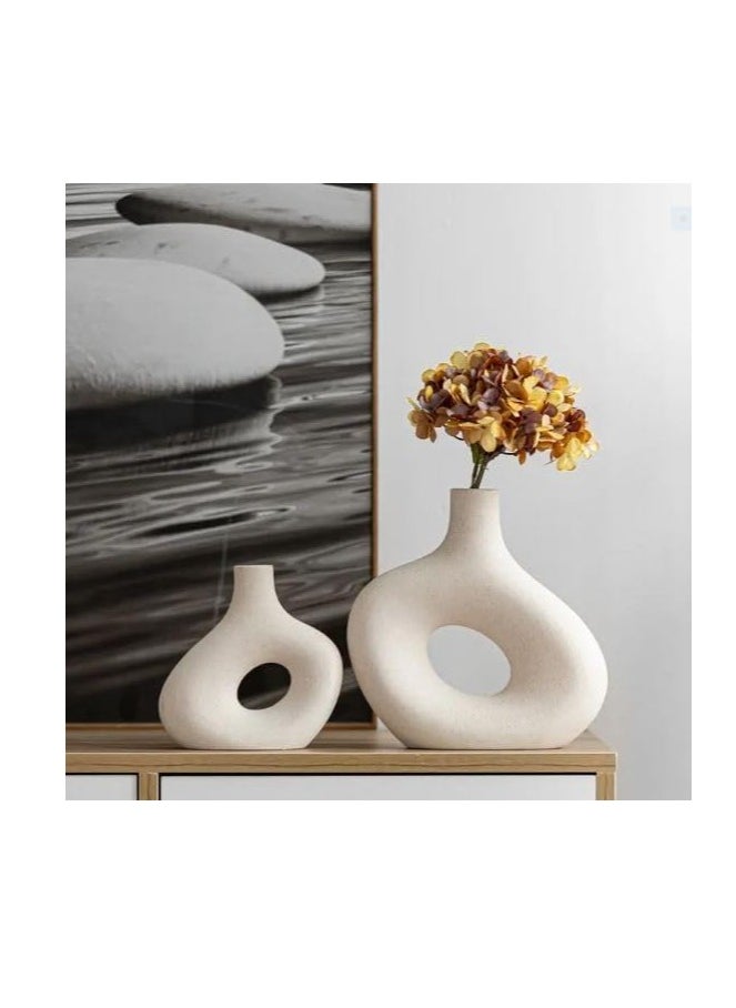 White Ceramic Vase Set of 2 for Modern Minimalist Bohemian Decor, Round Matte Vases for Pampas Grass—Perfect for Living Room, Dining Table, Office Bedroom Shelf Decor Entryway