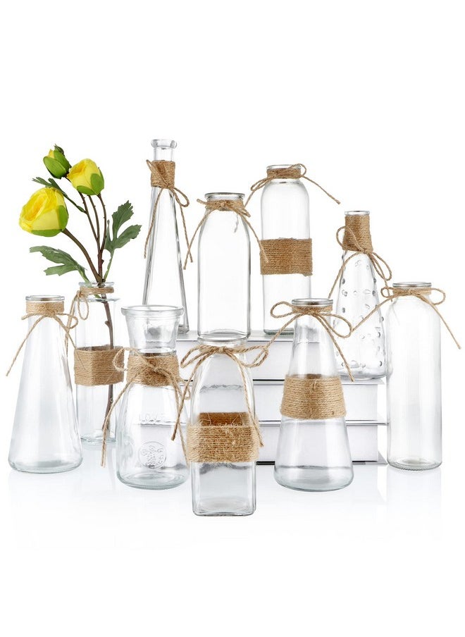 Glass Bud Vase, Decorative Glass Bottle With Rope Net, Different Shapes For Wedding Centerpiece, Party, Home Decor, Set Of 10