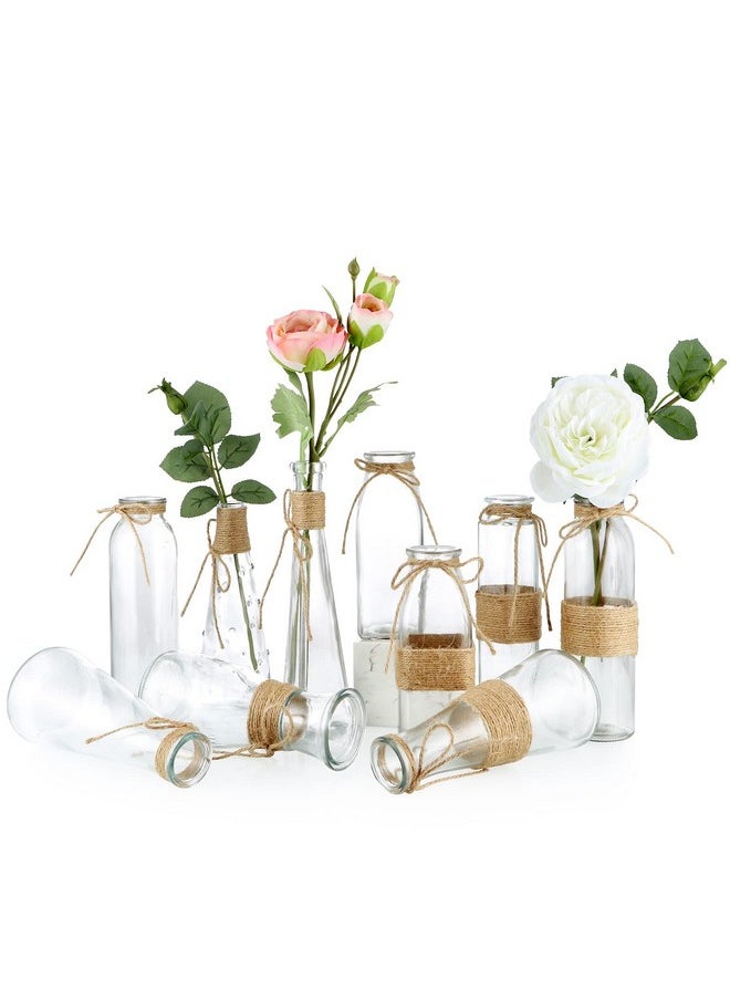 Glass Bud Vase, Decorative Glass Bottle With Rope Net, Different Shapes For Wedding Centerpiece, Party, Home Decor, Set Of 10