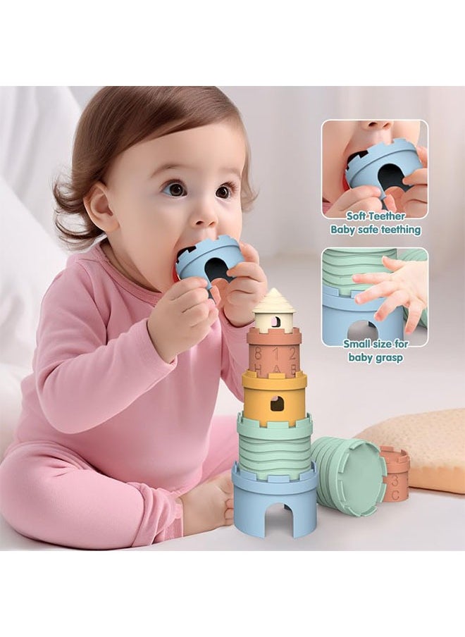 Infant Stacking Cup Toy, BPA Free Silicone Soft Castles Building Blocks Teething Stacking Cups Toy – Educational Baby Stack, Nesting Cups, and Baby Bath Toy for Infants Over 6 Months, 5 PCS Set