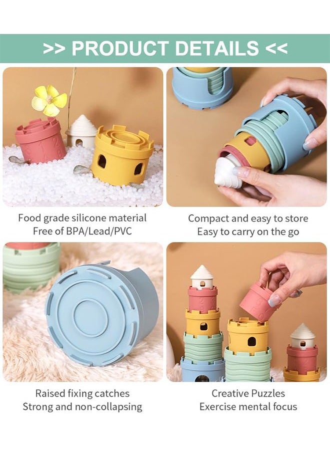 Infant Stacking Cup Toy, BPA Free Silicone Soft Castles Building Blocks Teething Stacking Cups Toy – Educational Baby Stack, Nesting Cups, and Baby Bath Toy for Infants Over 6 Months, 5 PCS Set