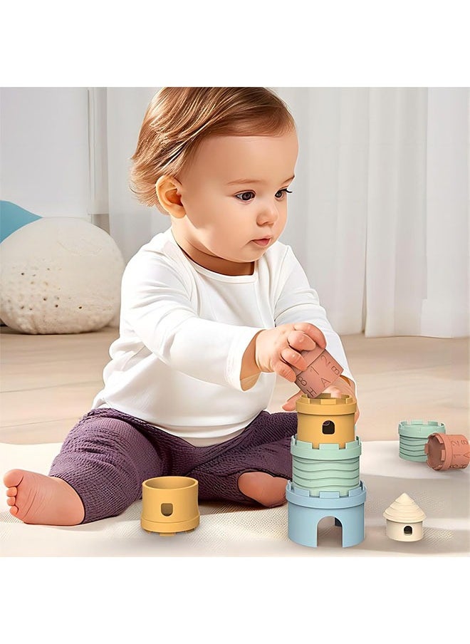 Infant Stacking Cup Toy, BPA Free Silicone Soft Castles Building Blocks Teething Stacking Cups Toy – Educational Baby Stack, Nesting Cups, and Baby Bath Toy for Infants Over 6 Months, 5 PCS Set