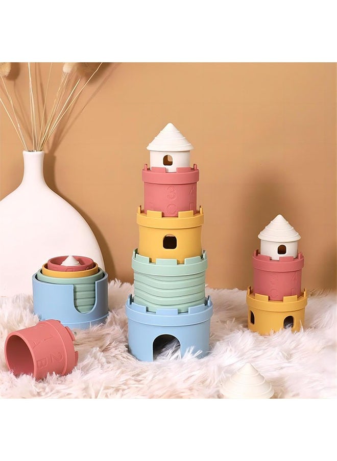 Infant Stacking Cup Toy, BPA Free Silicone Soft Castles Building Blocks Teething Stacking Cups Toy – Educational Baby Stack, Nesting Cups, and Baby Bath Toy for Infants Over 6 Months, 5 PCS Set