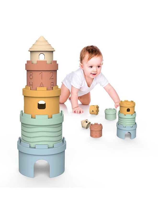 Infant Stacking Cup Toy, BPA Free Silicone Soft Castles Building Blocks Teething Stacking Cups Toy – Educational Baby Stack, Nesting Cups, and Baby Bath Toy for Infants Over 6 Months, 5 PCS Set