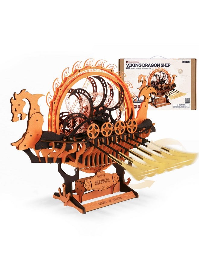 3D Wooden Puzzle For Adults, 3-Hour Build, Viking Dragon Ship With Led Lights, Model Kits For Adults To Build, Ideal Gift For Boys And Men