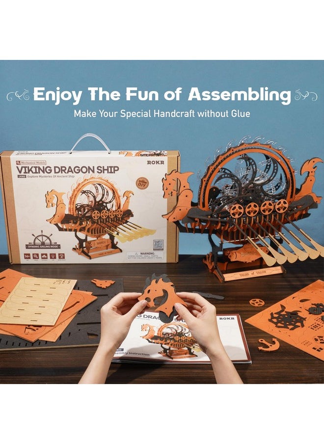 3D Wooden Puzzle For Adults, 3-Hour Build, Viking Dragon Ship With Led Lights, Model Kits For Adults To Build, Ideal Gift For Boys And Men