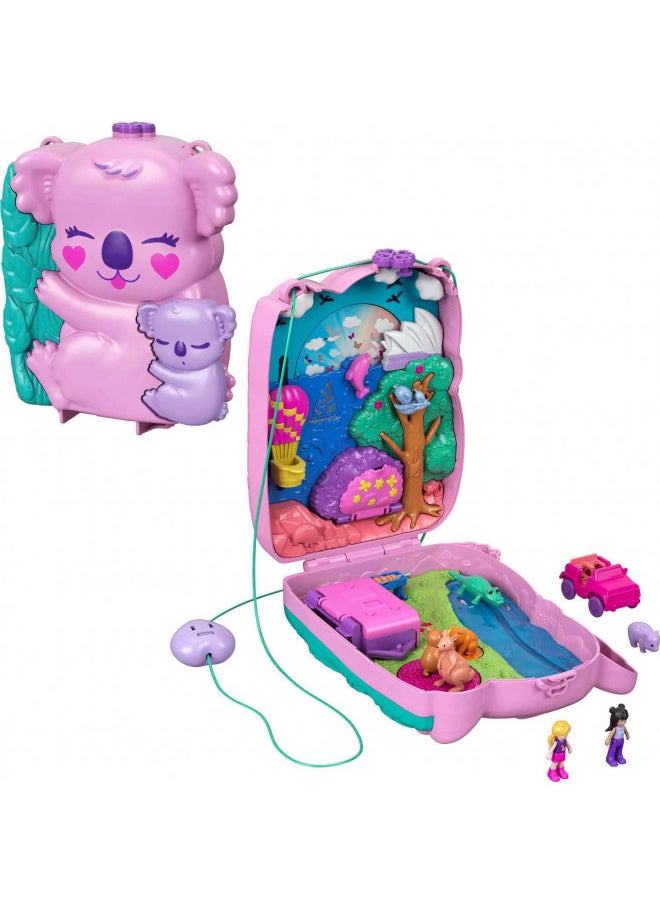 Polly Pocket Dolls & Accessories, 2-In-1 Travel Toy, Koala Purse Playset with 2 Micro Dolls, 1 Toy Car and 5 Animals