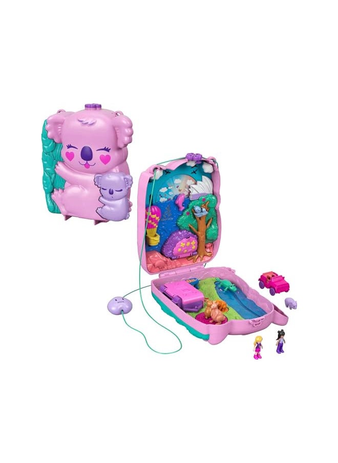 Polly Pocket Dolls & Accessories, 2-In-1 Travel Toy, Koala Purse Playset with 2 Micro Dolls, 1 Toy Car and 5 Animals