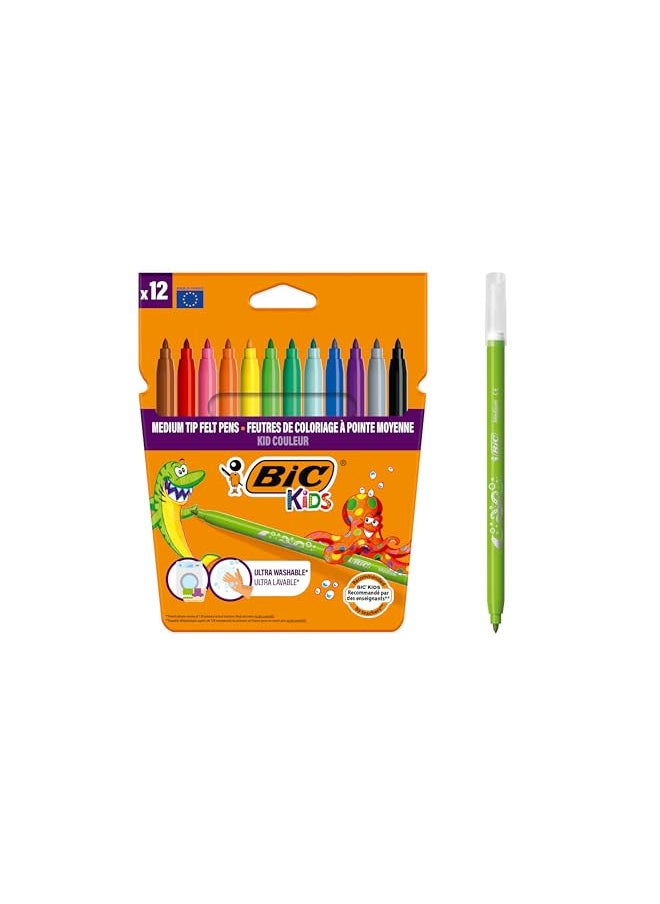 BIC Kids Kid Couleur Felt Tip Colouring Pens - Assorted Colours, Cardboard Wallet of 12