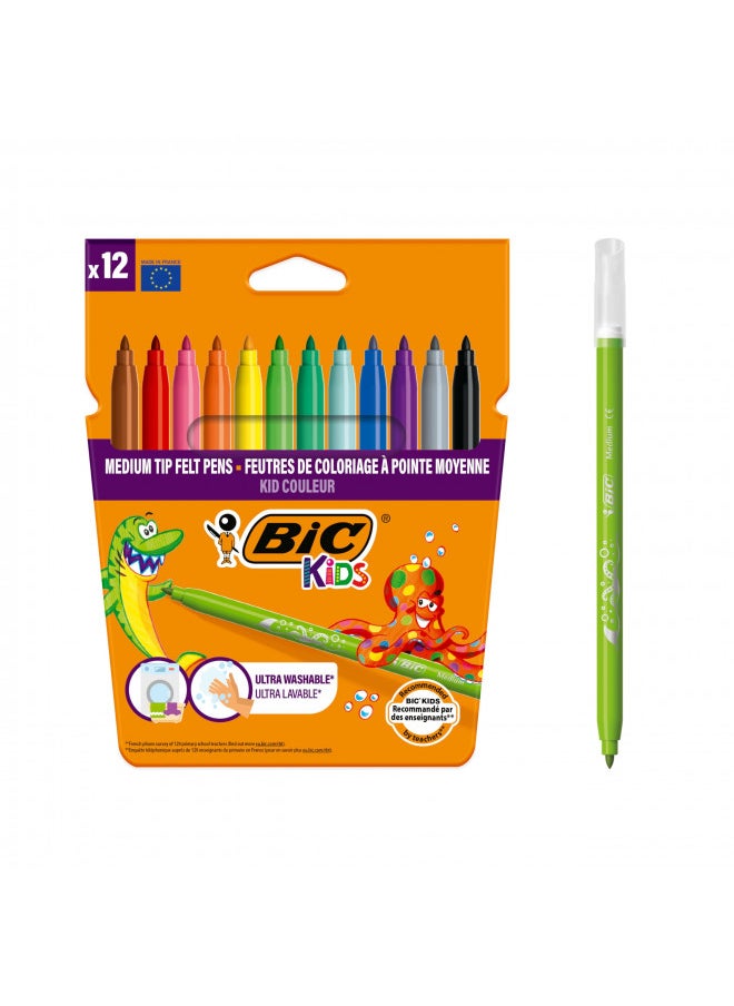 BIC Kids Kid Couleur Felt Tip Colouring Pens - Assorted Colours, Cardboard Wallet of 12