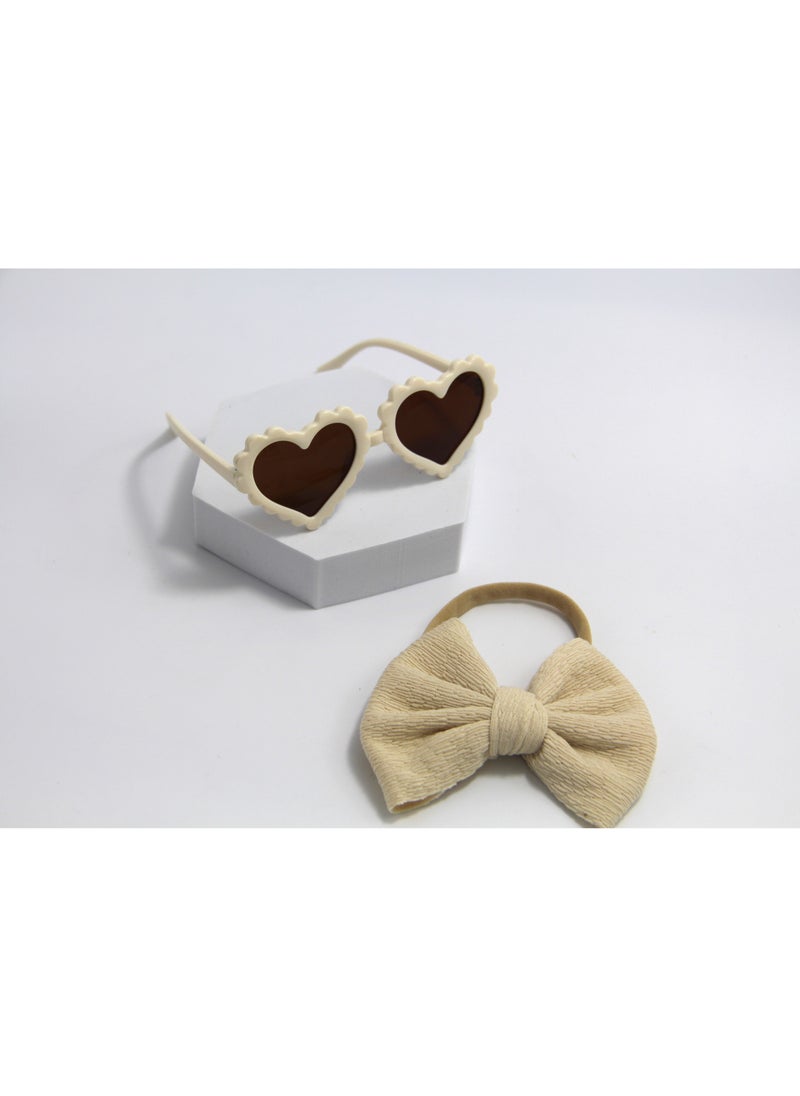 Aisha Glasses and Bow Barrette Ponytail Set For Babies and Girls - Cream