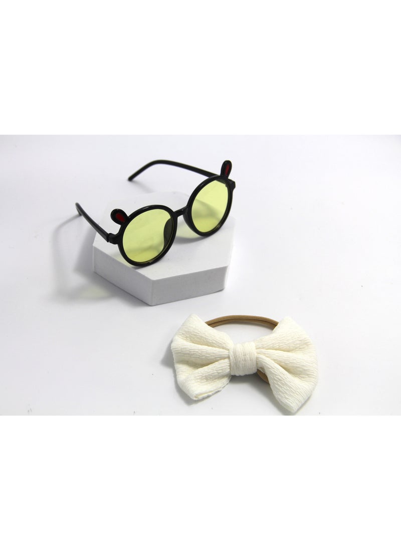 Layla Glasses and Bow Barrette Ponytail Set For Babies and Girls - White