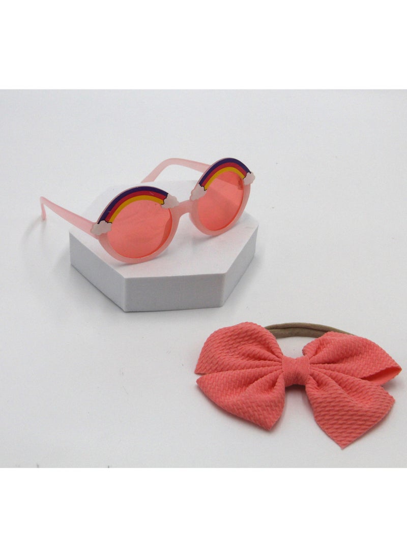 Anaya Rainbow Glasses and Bow Barrette Ponytail Set For Babies and Girls - Peach