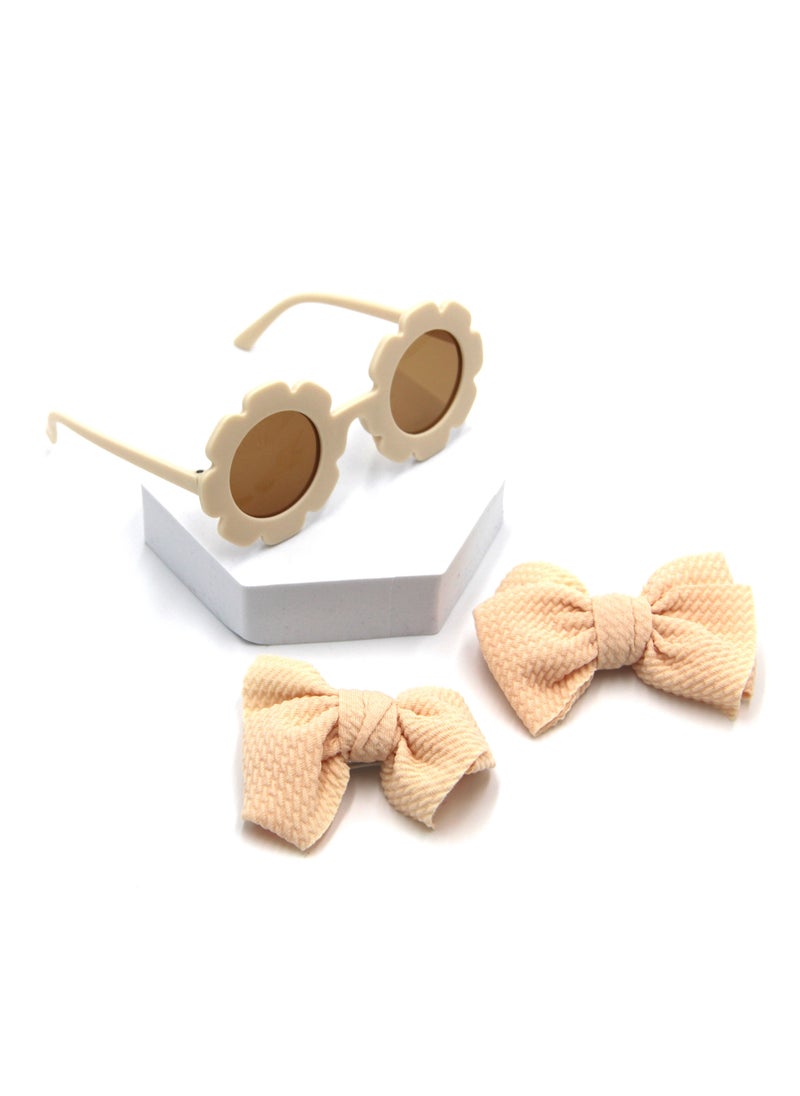 Dana Glasses and Bow Barrette Clip Set For Babies and Girls - Beige