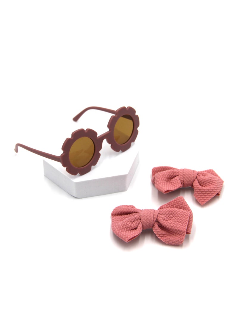 Dana Glasses and Bow Barrette Clip Set For Babies and Girls - Dark Pink