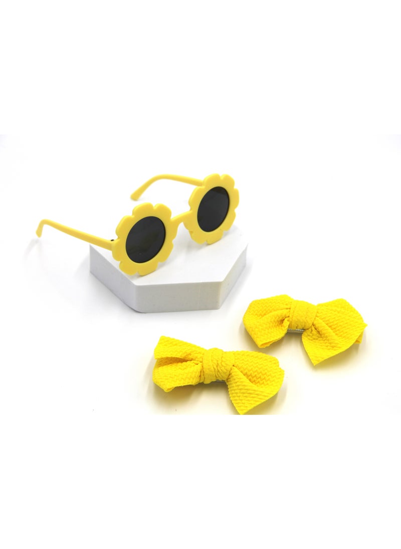 Dana Glasses and Bow Barrette Clip Set For Babies and Girls - Bright Yellow