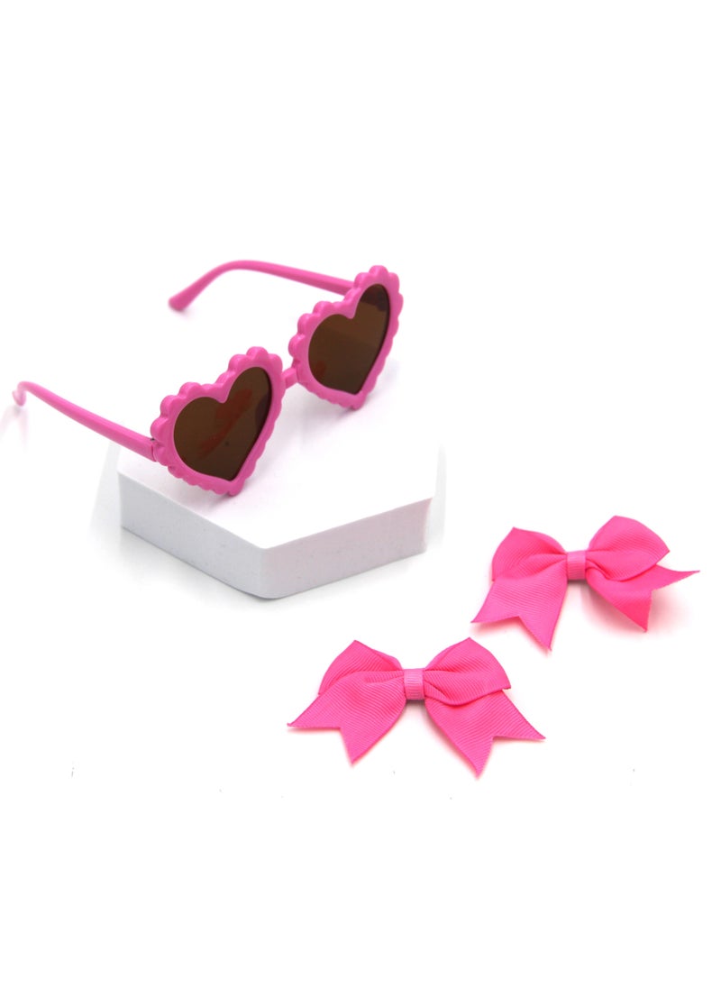 Yasmin Heart Shaped Glasses and Bow Barrette Clip Set For Babies and Girls - Hot Pink