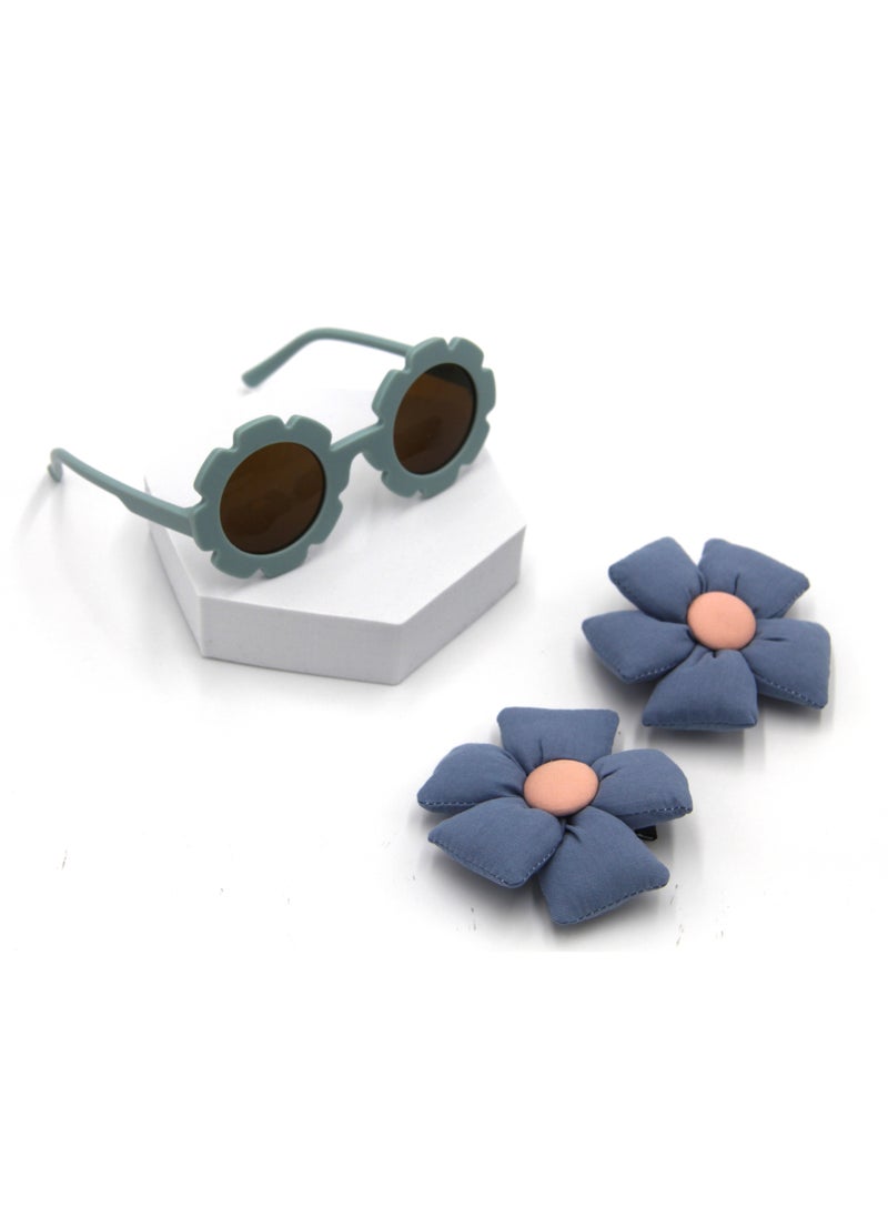 Aida Glasses and Flower Shaped Clip Set For Babies and Girls - Cool Blue