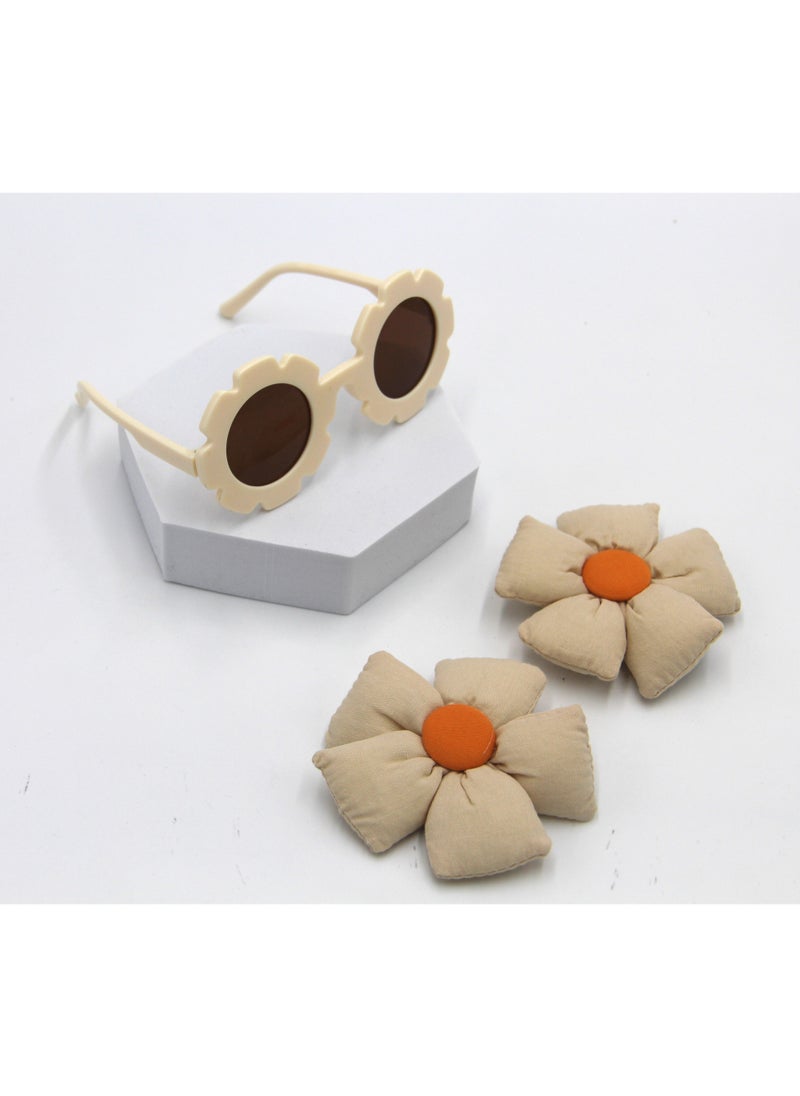 Aida Glasses and Flower Shaped Clip Set For Babies and Girls - Beige