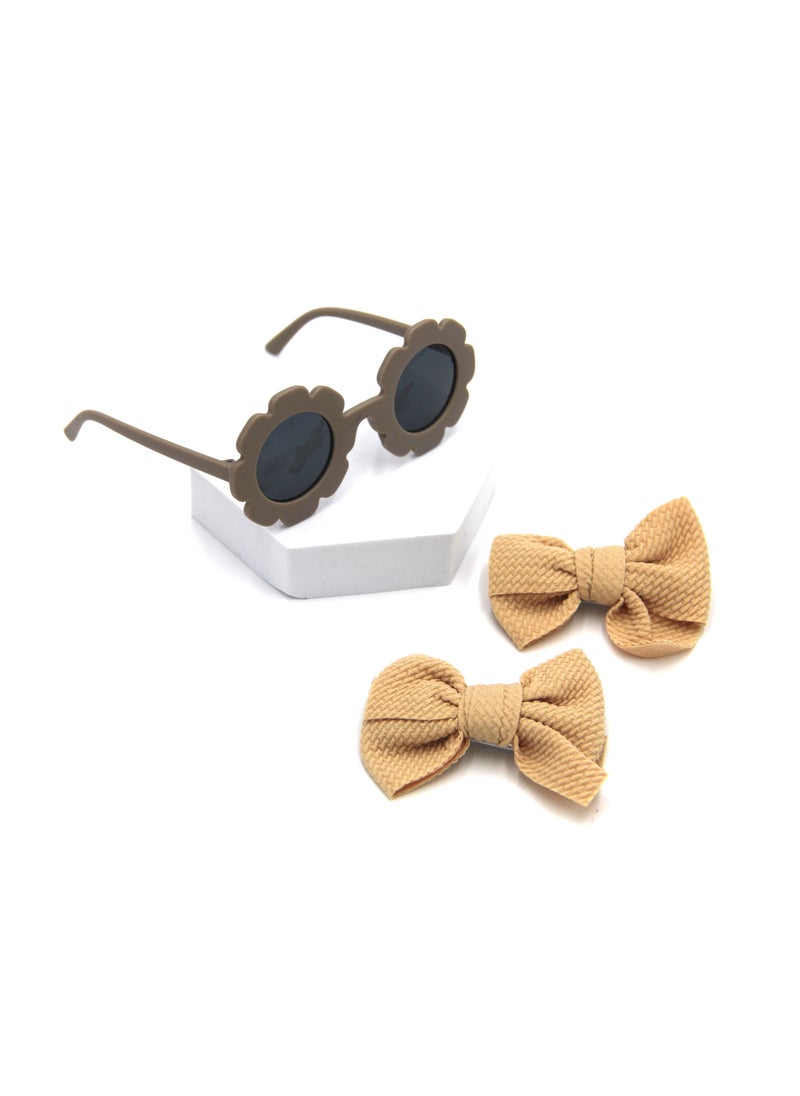 Dana Glasses and Bow Barrette Clip Set For Babies and Girls - Light Brown