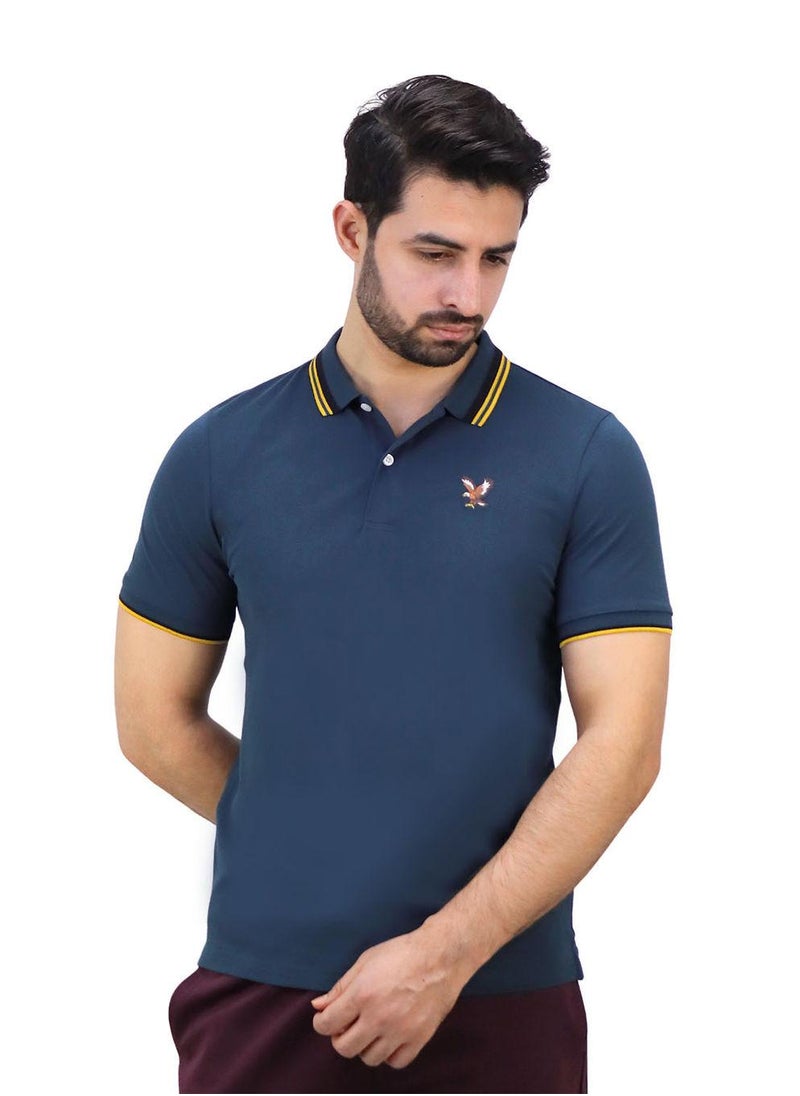 Men's Pique Flat Knit Collar Short Sleeve Eagle Embroidery Solid Color Polo