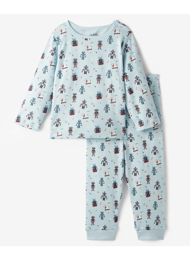 June Organic Baby Robot Patterned Pajama Set Blue