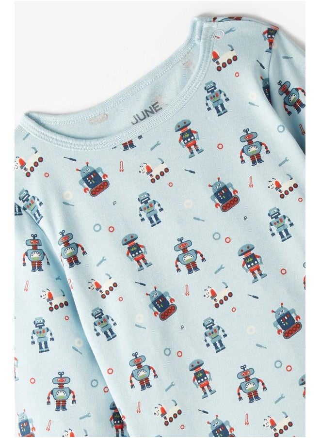 June Organic Baby Robot Patterned Pajama Set Blue