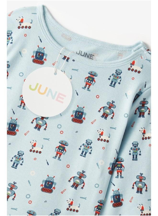 June Organic Baby Robot Patterned Pajama Set Blue