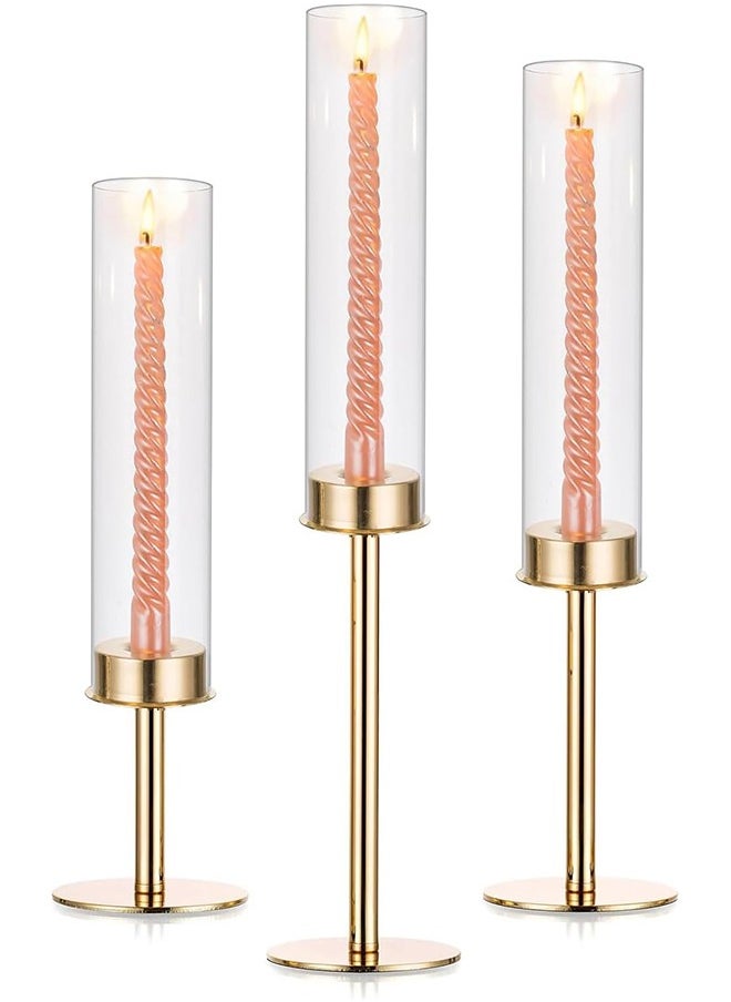 Gold Candlestick Holder Tall Hurricane Candle Holder Set of 3, Taper Candle Holders Candle Stand Glass Cover Candlesticks Holders Table Centerpiece for Wedding Party Birthday Christmas Decor