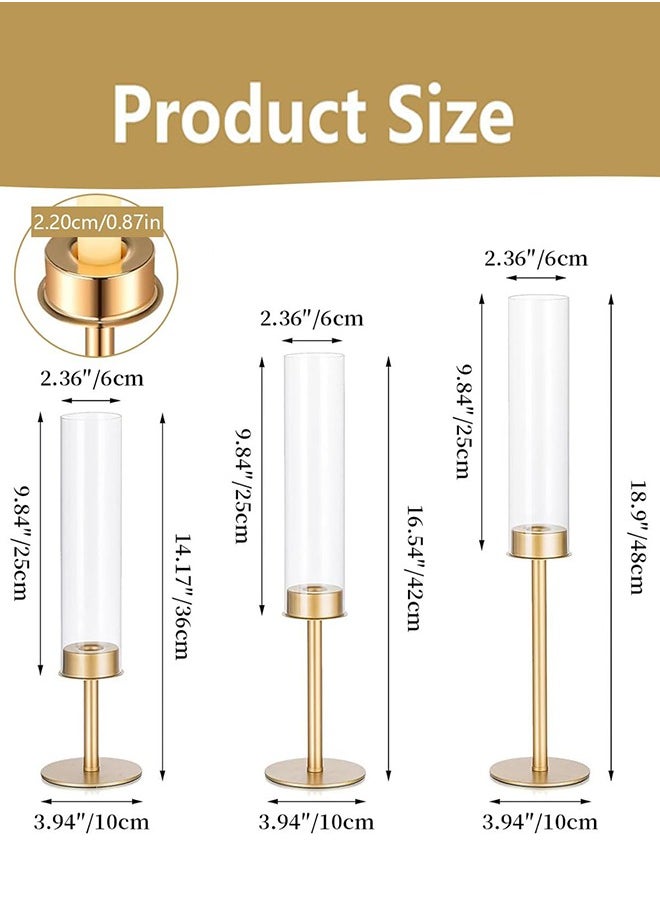 Gold Candlestick Holder Tall Hurricane Candle Holder Set of 3, Taper Candle Holders Candle Stand Glass Cover Candlesticks Holders Table Centerpiece for Wedding Party Birthday Christmas Decor