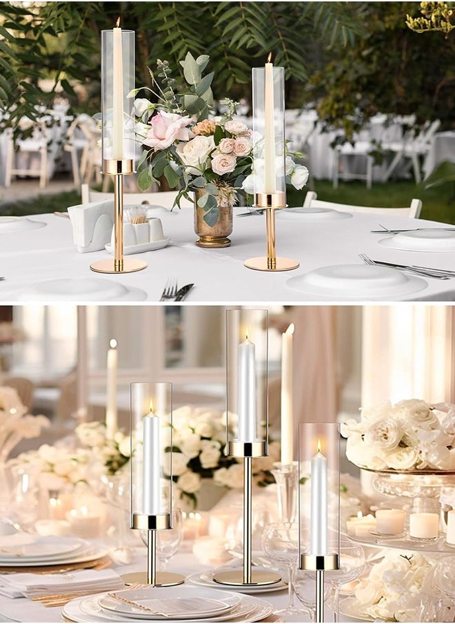 Gold Candlestick Holder Tall Hurricane Candle Holder Set of 3, Taper Candle Holders Candle Stand Glass Cover Candlesticks Holders Table Centerpiece for Wedding Party Birthday Christmas Decor