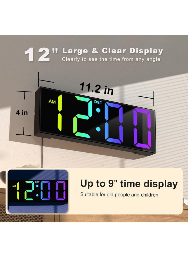 12'' Large Digital Wall Clock With Remote Control, Big Led Screen Dispaly, 8 Rgb Colors, Dst, Night Light For Living Room, Bedroom, Gift For Elderly (Black)