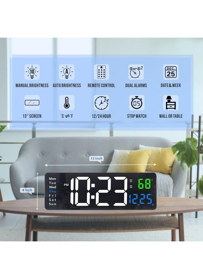 Digital Wall Clock, 13’’ Large Led Wall Clock With Remote Control, Big Digits, Auto-Dimming, 2 Alarm, Silent Wall Clock Show Date Week Temp (Include Adapter)